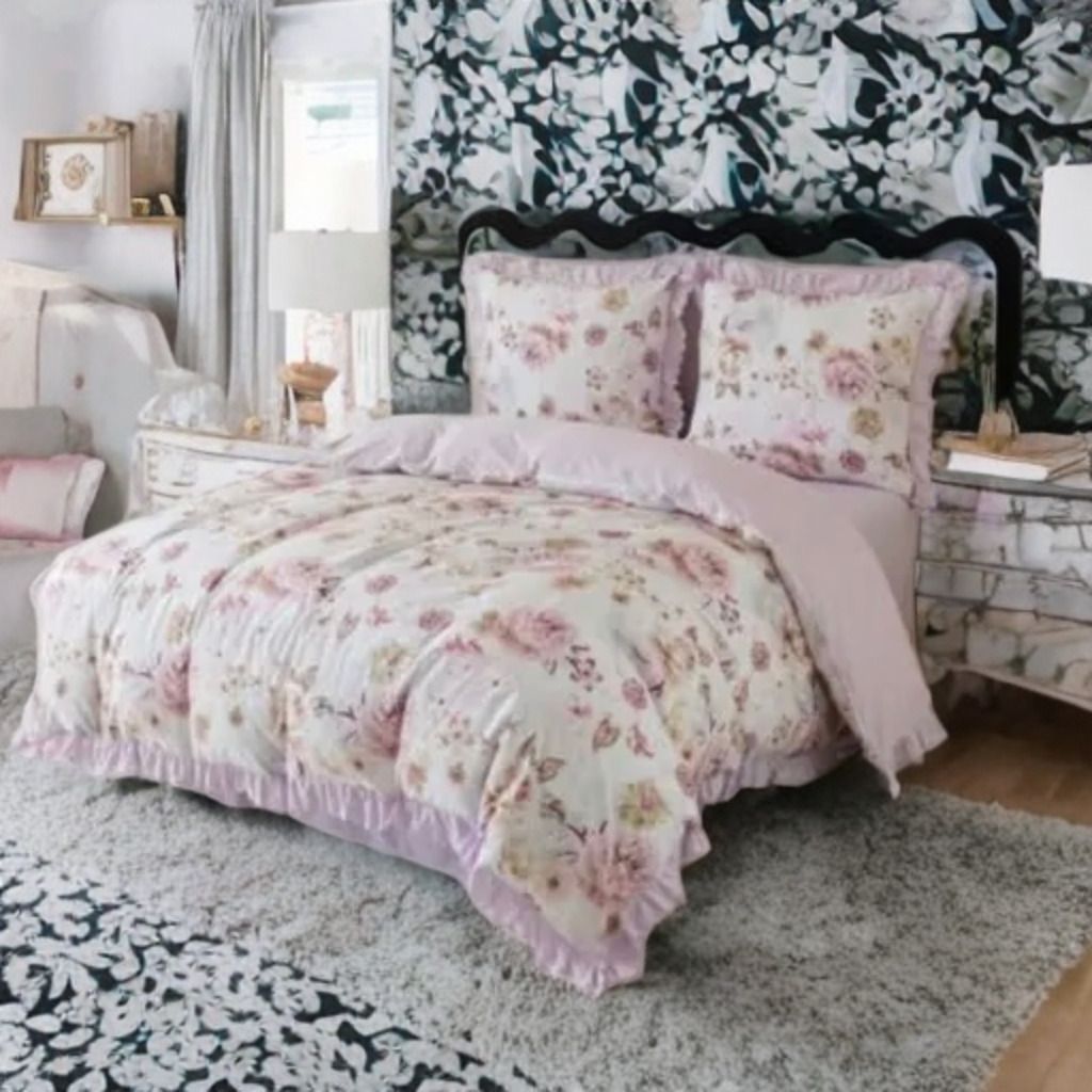 3-częściowy komplet pościeli z falbanami, różowy w kwiaty, 200x220 cm