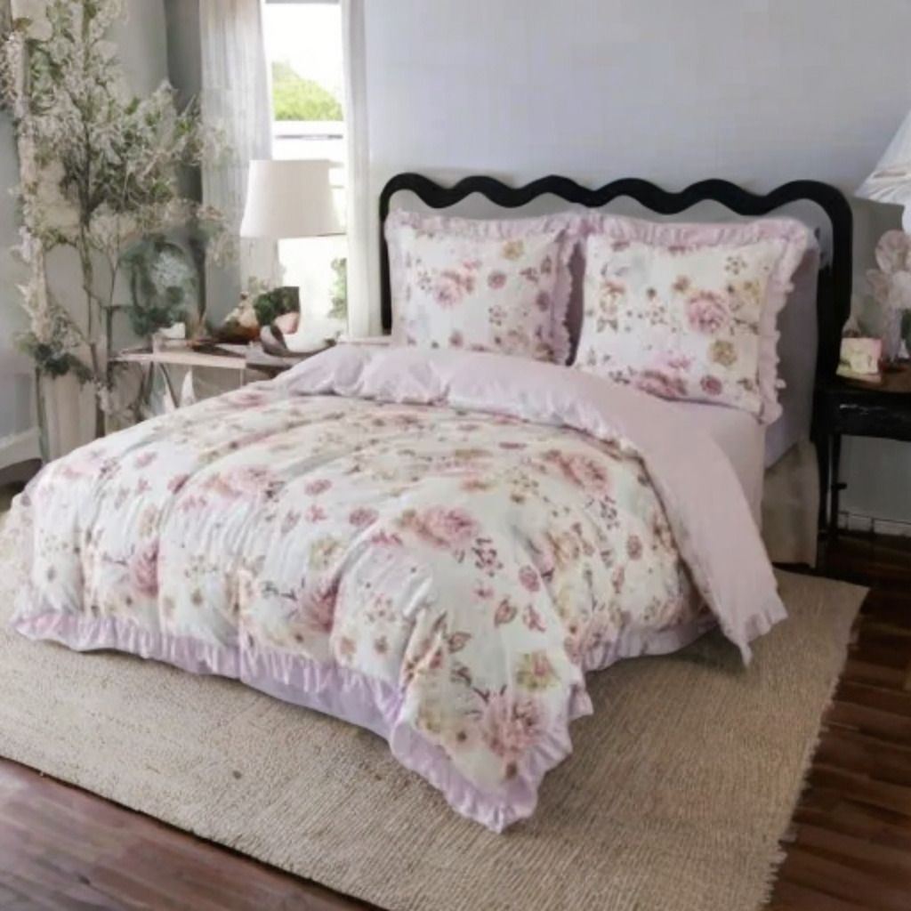 3-częściowy komplet pościeli z falbanami, różowy w kwiaty, 200x220 cm