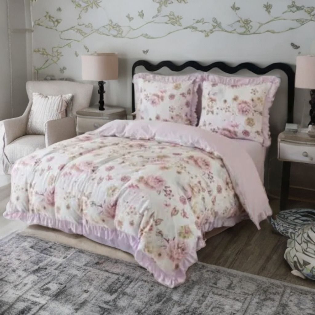 3-częściowy komplet pościeli z falbanami, różowy w kwiaty, 200x220 cm