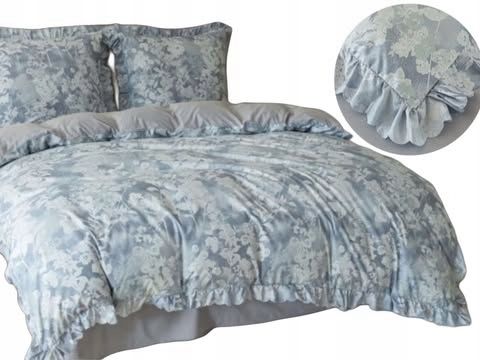 3-częściowy komplet pościeli z falbanami, szaro-niebieski w kwiaty, 200x220 cm