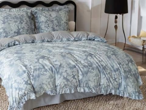3-częściowy komplet pościeli z falbanami, szaro-niebieski w kwiaty, 200x220 cm