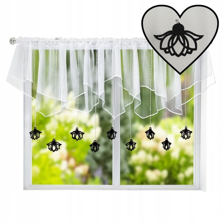 Firana krótka dekoracyjna, zawieszki czarne filcowe, 400x110 cm