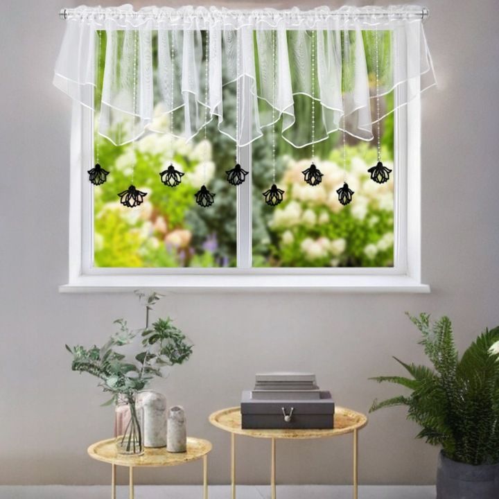 Firana krótka dekoracyjna, zawieszki czarne filcowe, 400x110 cm