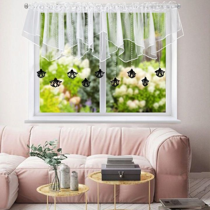 Firana krótka dekoracyjna, zawieszki czarne filcowe, 400x110 cm