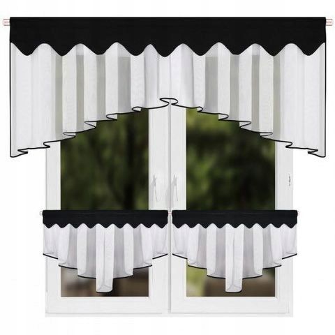 Komplet: firana kuchenna woal 200x80 cm + zazdrostki 90x50 cm, czarna lamówka