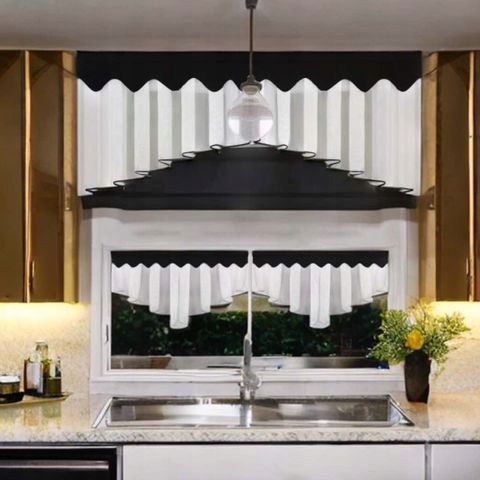 Komplet: firana kuchenna woal 200x80 cm + zazdrostki 90x50 cm, czarna lamówka