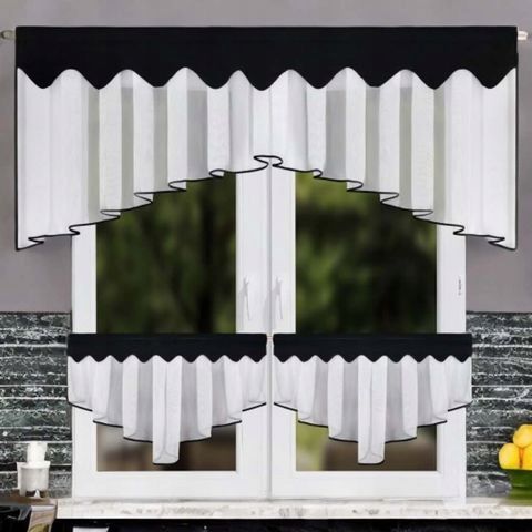 Komplet: firana kuchenna woal 200x80 cm + zazdrostki 90x50 cm, czarna lamówka
