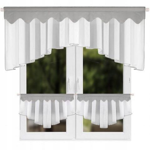 Komplet: firana kuchenna woal 200x80 cm + zazdrostki 90x50 cm, szara lamówka