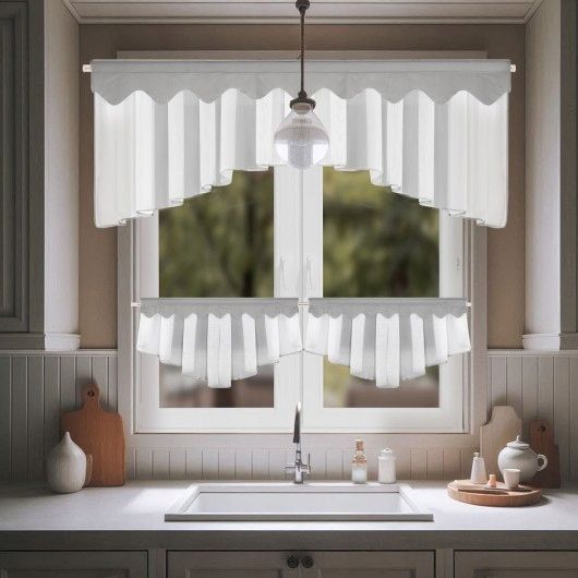 Komplet: firana kuchenna woal 200x80 cm + zazdrostki 90x50 cm, szara lamówka