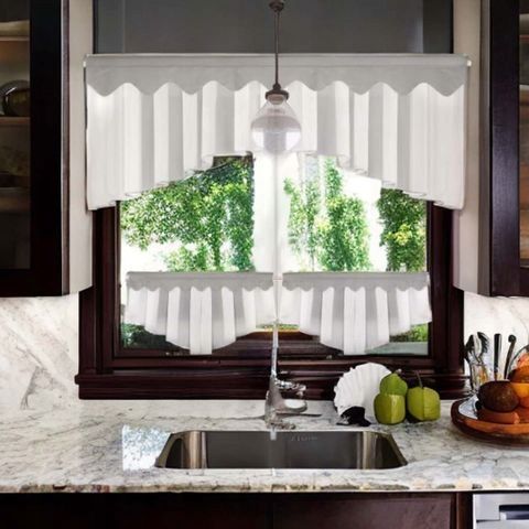 Komplet: firana kuchenna woal 200x80 cm + zazdrostki 90x50 cm, szara lamówka