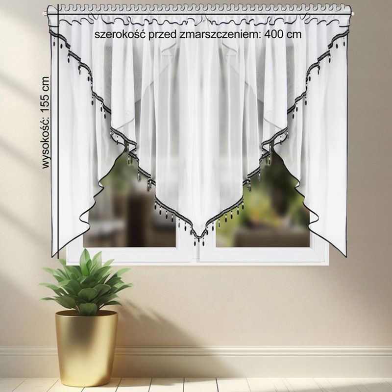 Dwuwarstwowa firana woalowa z koralikami i czarną lamówką 400x155 cm