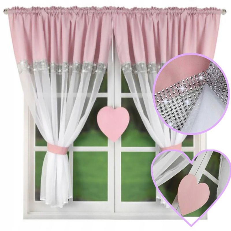 Różowo-biała firanka z cyrkoniami i sercem 400x145 cm