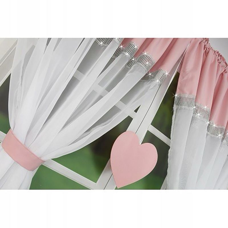 Różowo-biała firanka z cyrkoniami i sercem 400x145 cm