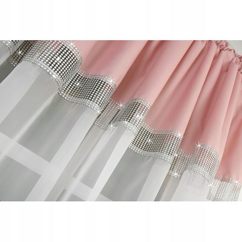 Różowo-biała firanka z cyrkoniami i sercem 400x145 cm