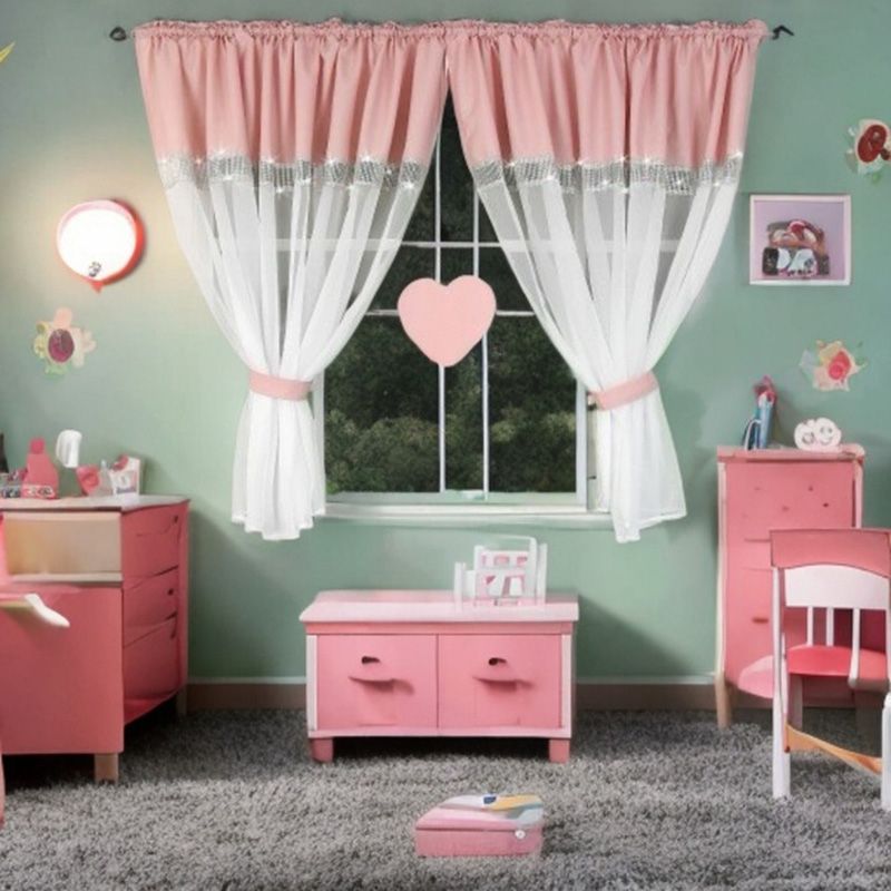 Różowo-biała firanka z cyrkoniami i sercem 400x145 cm