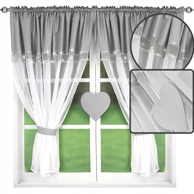 Szaro-biała firanka z cyrkoniami i sercem 400x145 cm