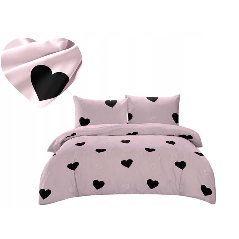 3-częściowy komplet pościeli z satynowej bawełny Czarne Serca 200x160 cm