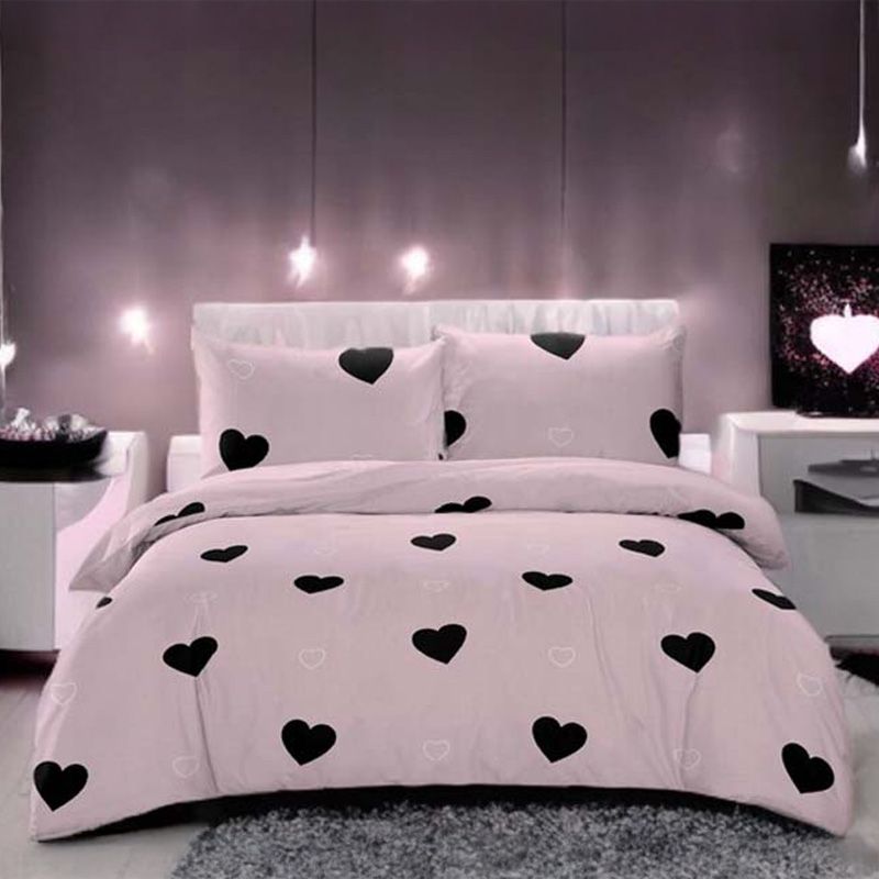3-częściowy komplet pościeli z satynowej bawełny Czarne Serca 200x160 cm